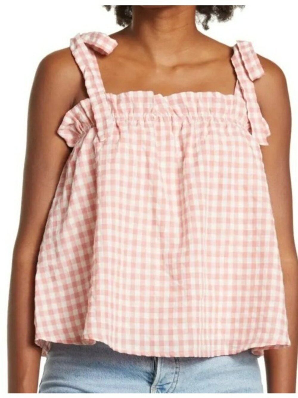 The Good Jane Shoulder Tie Shirred Picnic Top Sz M Gingham Summer Beachy NEW